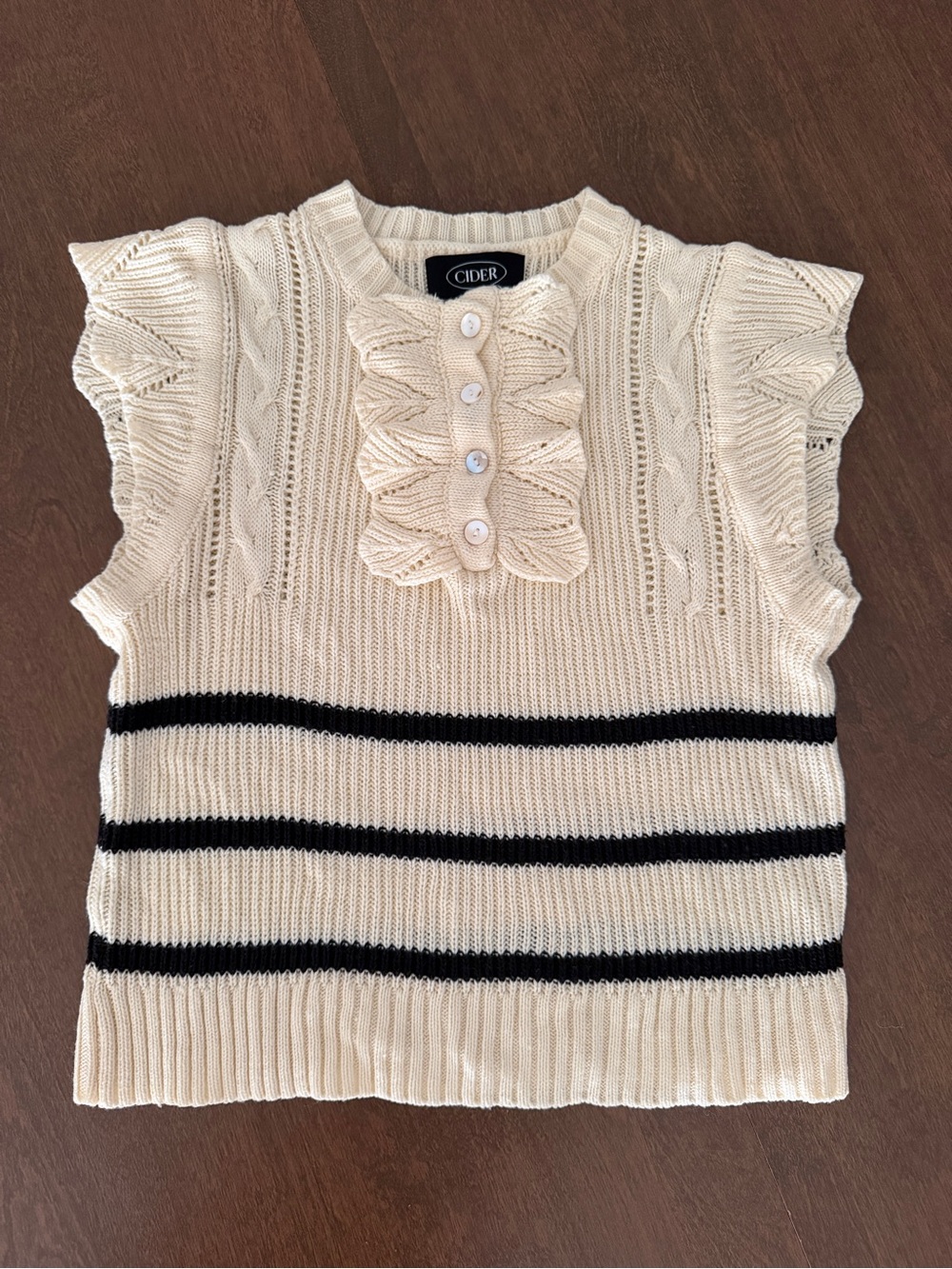 Cider Cream Knit Ruffle Shell with Black Stripes